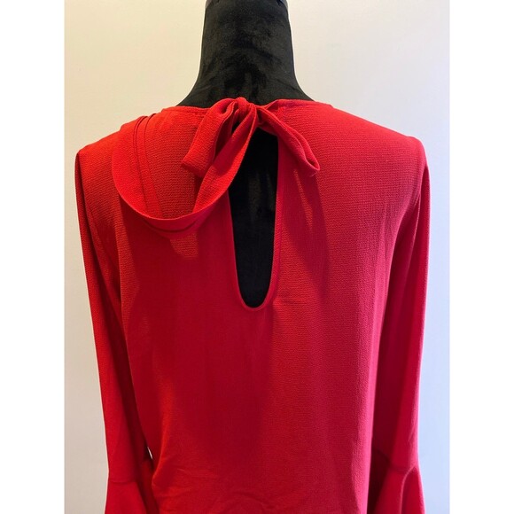 Wayf Blouse Size Medium Top Red Long Bell Sleeves Keyhole Tie Back Dressy Classy - Picture 6 of 12